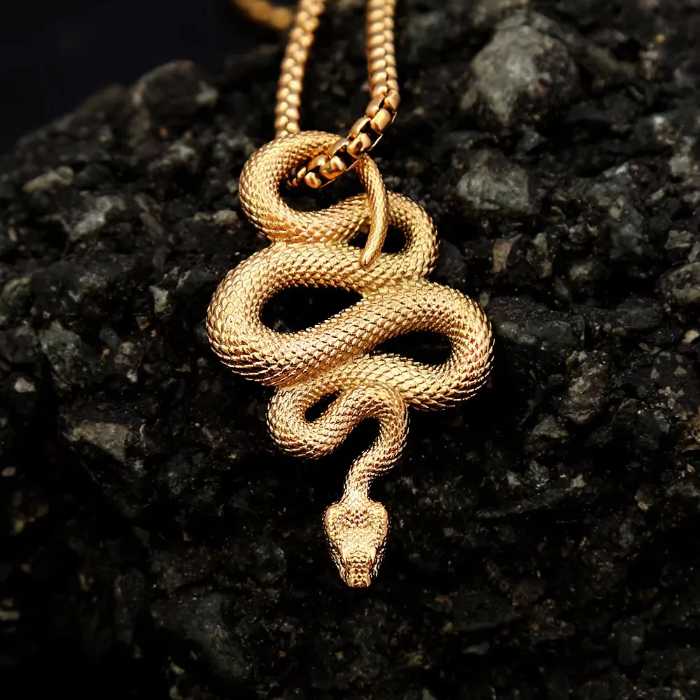 Gothic Vintage Coiled Snake Stainless Steel Pendant Necklace Unisex Punk Serpent Animal Jewelry Outdoor Street Party Accessories