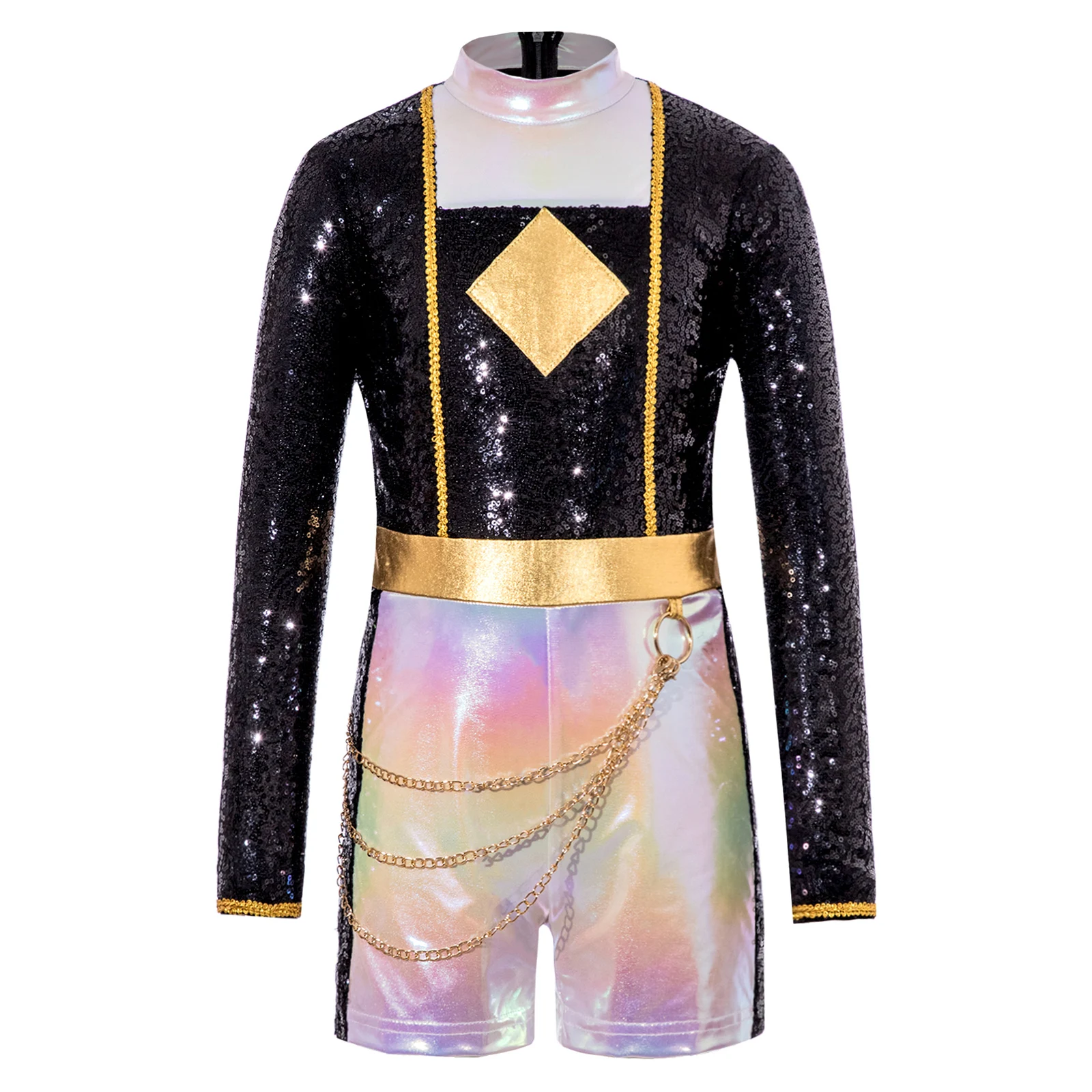 هالوين الصيادين تأثيري المطربين مرحلة الأداء دور اللعب الزي لامعة الترتر طويلة الأكمام الخصر سلسلة الظهر بذلة قصيرة