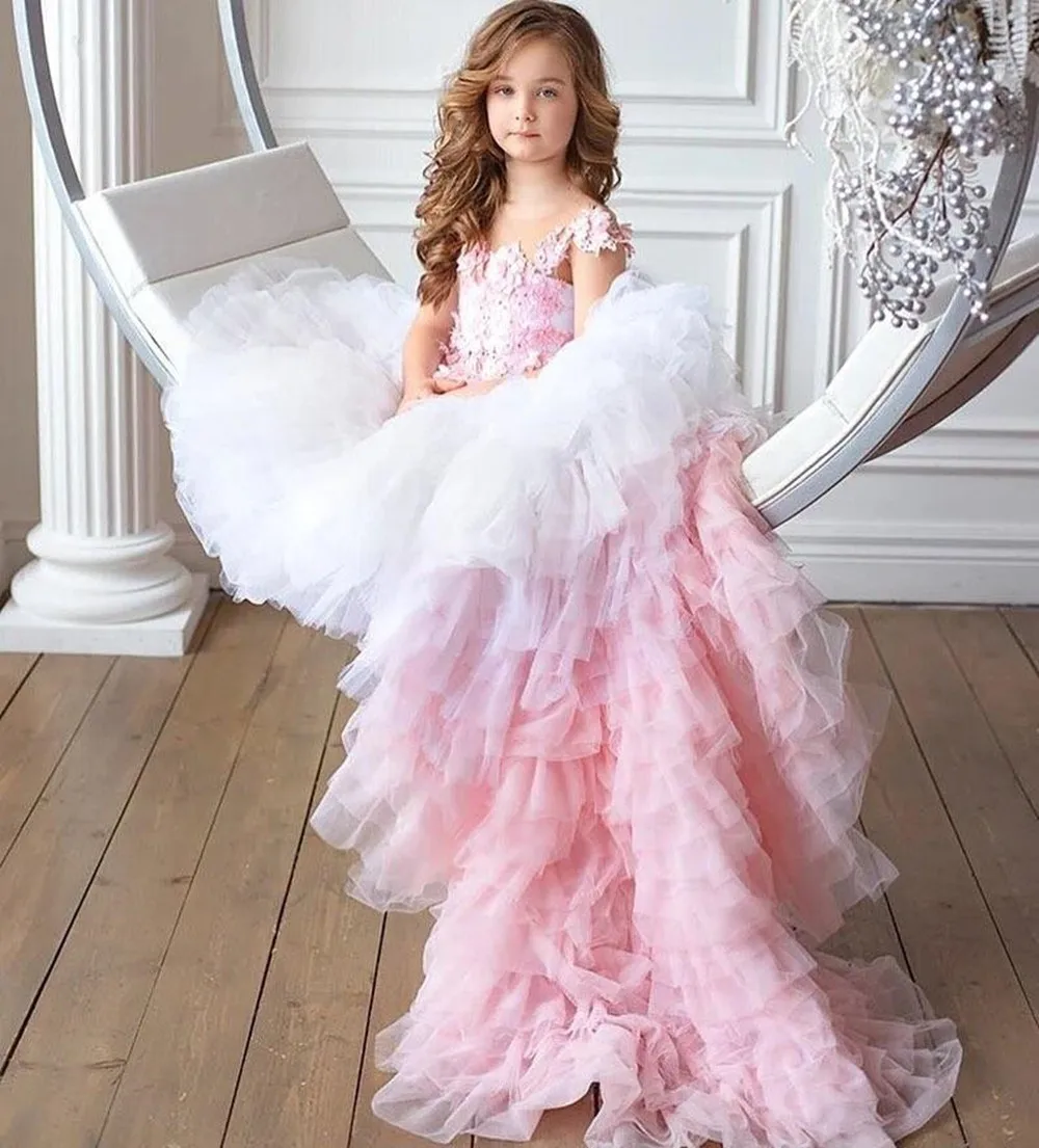 

Flower Girl Dresses Pink Tulle Lace Decals Trailing Princess Wedding Party Ball First Communion Dresses Birthday GIFT Present