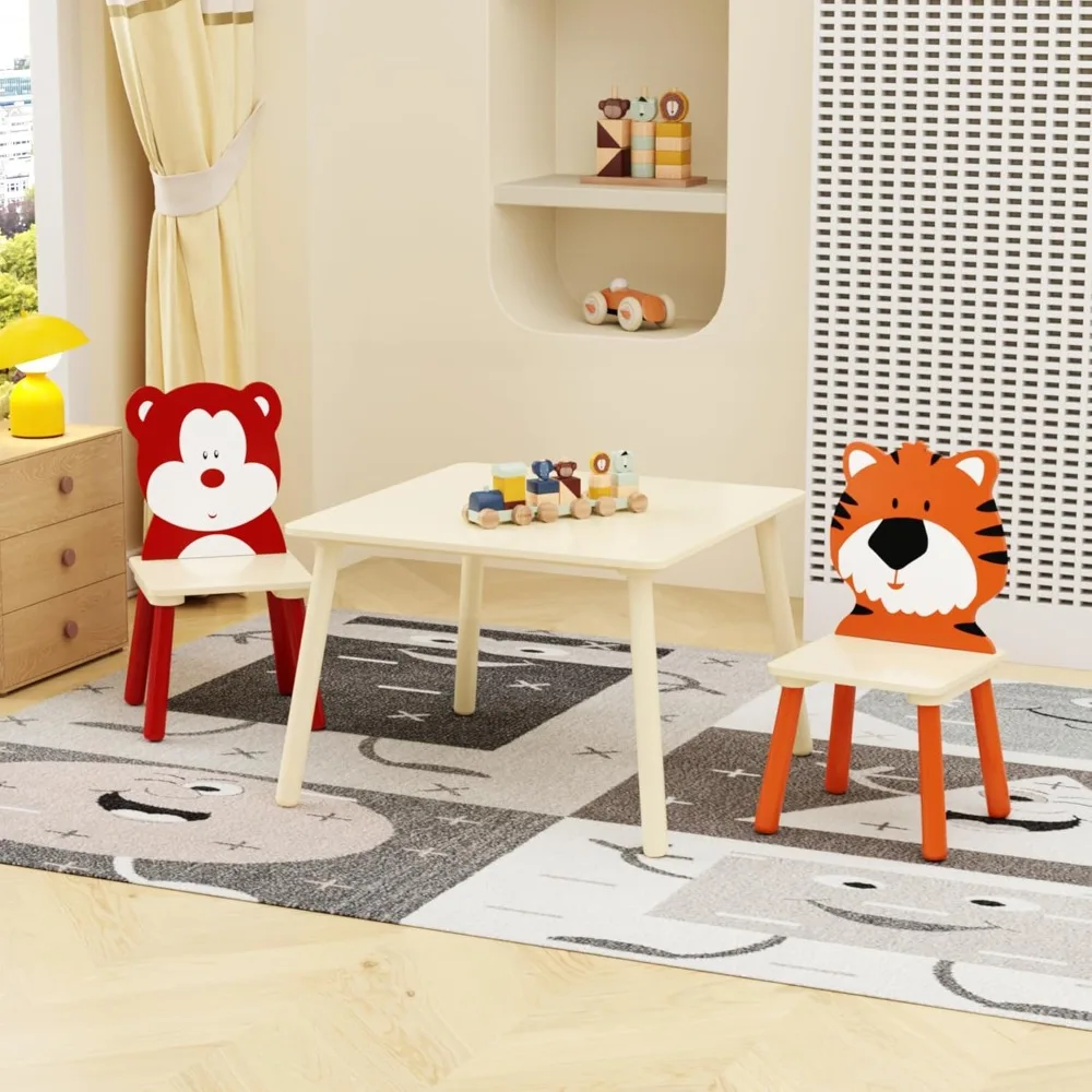 

3 Piece Wood Activity Table & Chair Set for Kids Ages 2-6 - Wooden Drawing Play Table W/ 2 Animal Chairs for Nursery, Kindergar