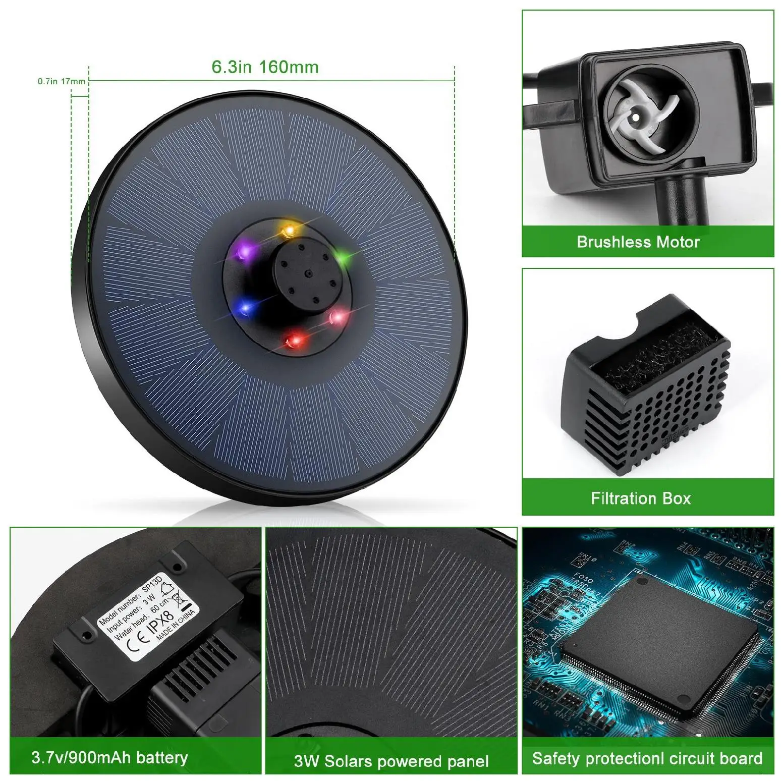 HOTOOK 3.5W  Rise Ring  Full Glass Panel Solar Powered Floating Fountain Light for Pond Fountain BirdBath Water Cycling