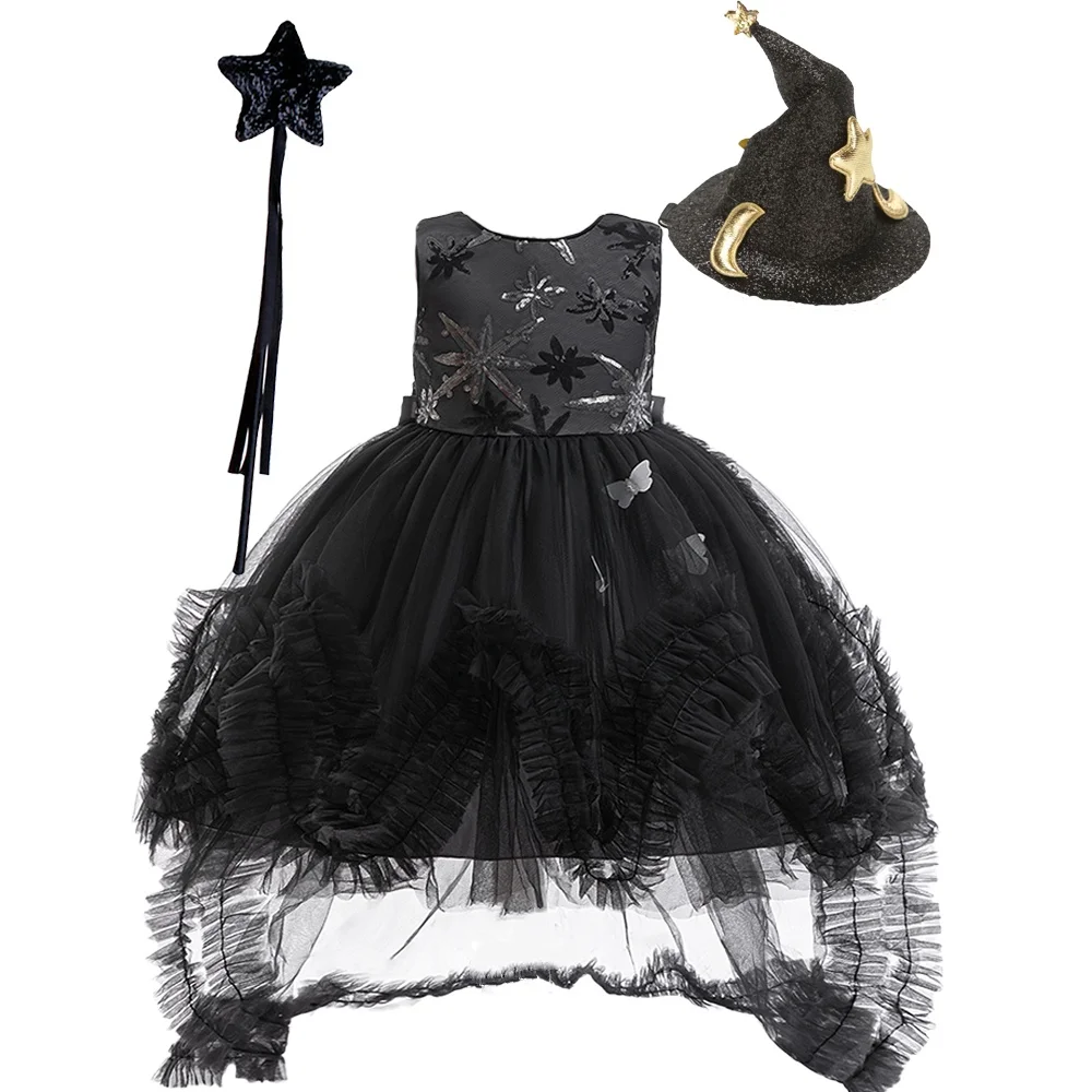 

(Dress + all accessories) Girls' black tuxedo dress with train catwalk performance costume sequined princess dress Halloween
