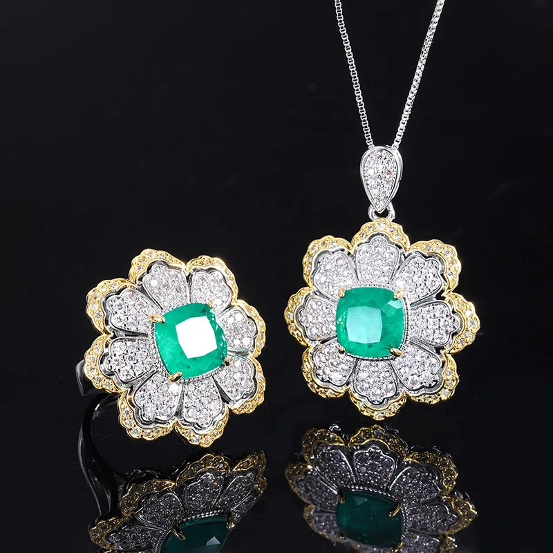 

S925 Silver Plated 18K Gold Plated PT950 Platinum Emerald Flower-shaped Creative Full Diamond Women's Pendant Ring Set 10*10