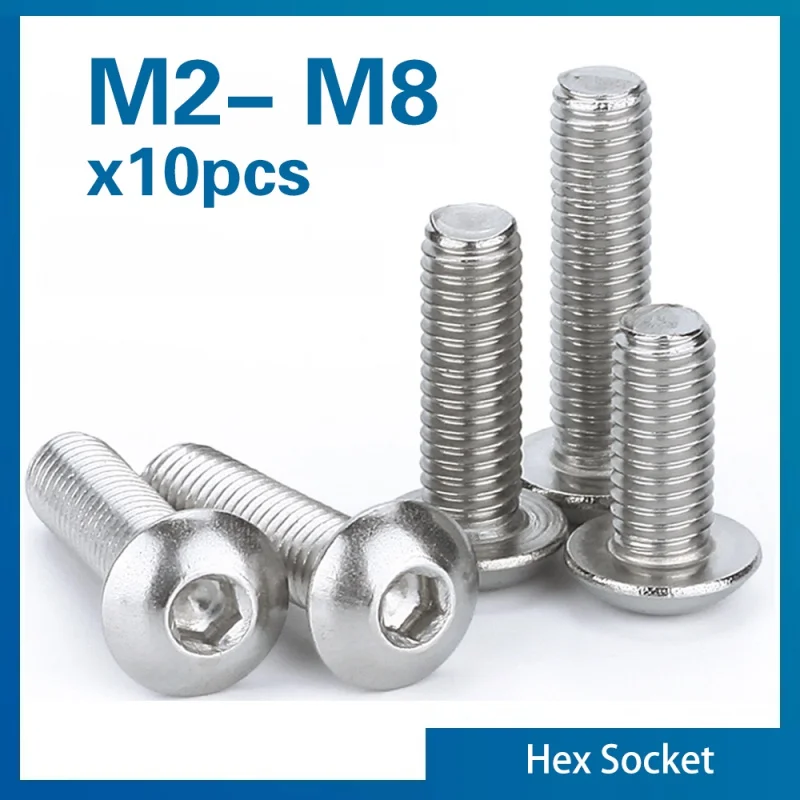 10 Pcs/Lot M2 M2.5 M3 M4 M5 M6 M8 304 Stainless Steel Hexagon Hex Socket Button Head Screw Bolts Round Flat Head Screw Standoff
