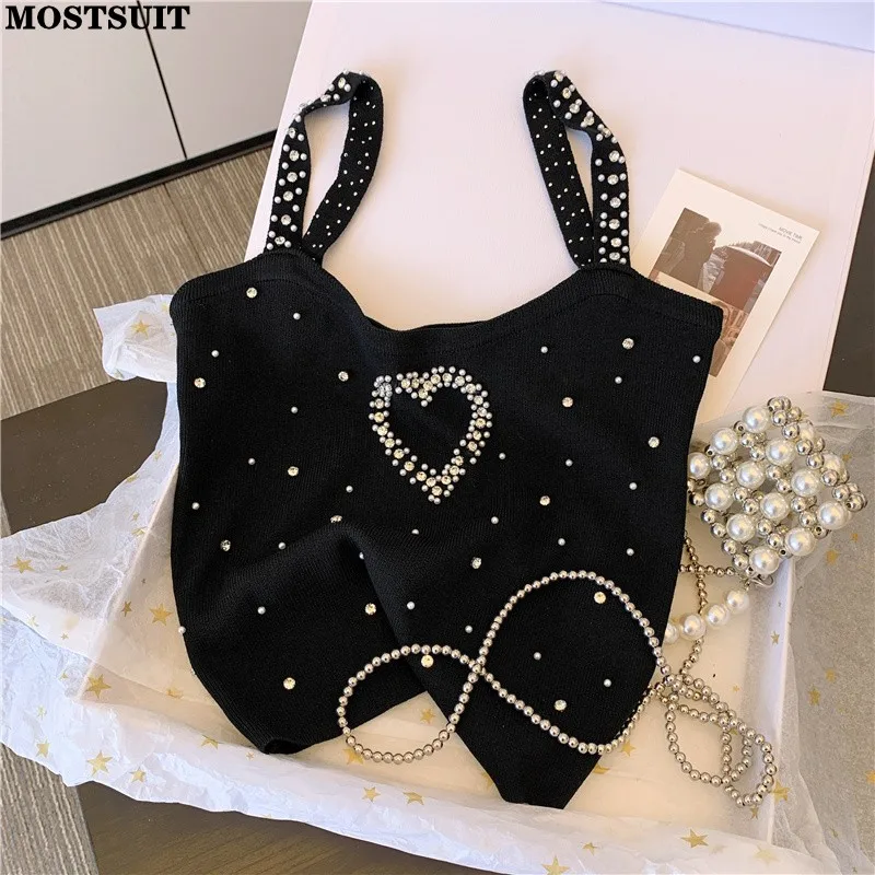 Pearl Beaded Sexy Slim Knit Vests Women's Crop Tops 2023 Summer Sleeveless Stylish Vintage Fashion Chic Ladies Knitwear Jumpers