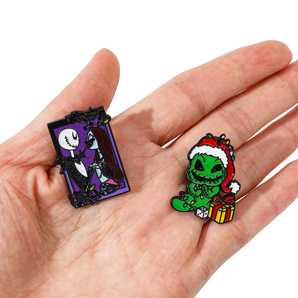 2Pcs Anime The Nightmare Before Christmas Brooch Thriller Jack Skellington Enamel Pin Metal Badge Jewelry Backpack Clothing Acce