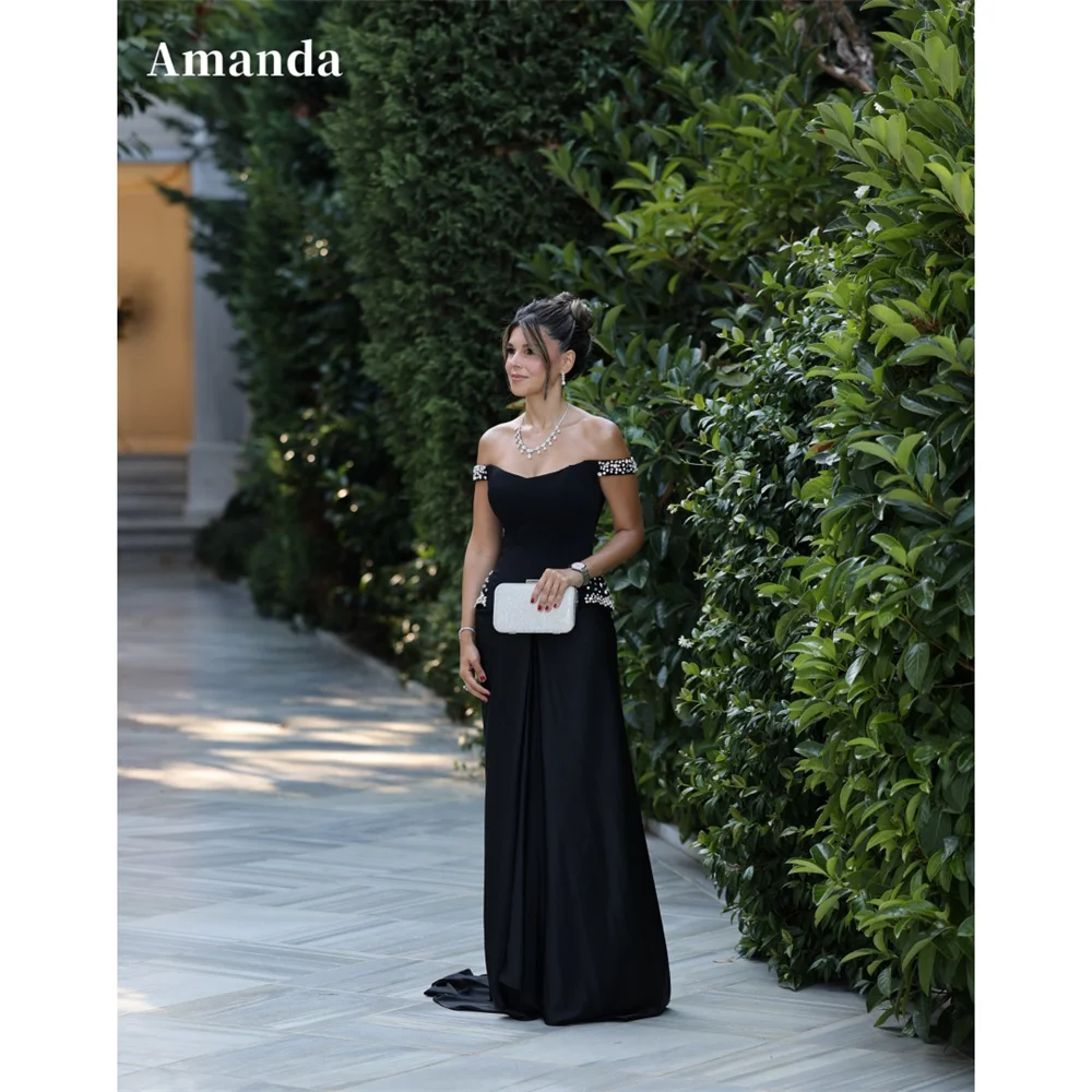 Amanda Customized Black Off Shoulder Rhinestones Prom Dresses Ruffled Sleeveless vestidos de noche Floor-Length Formal Evening