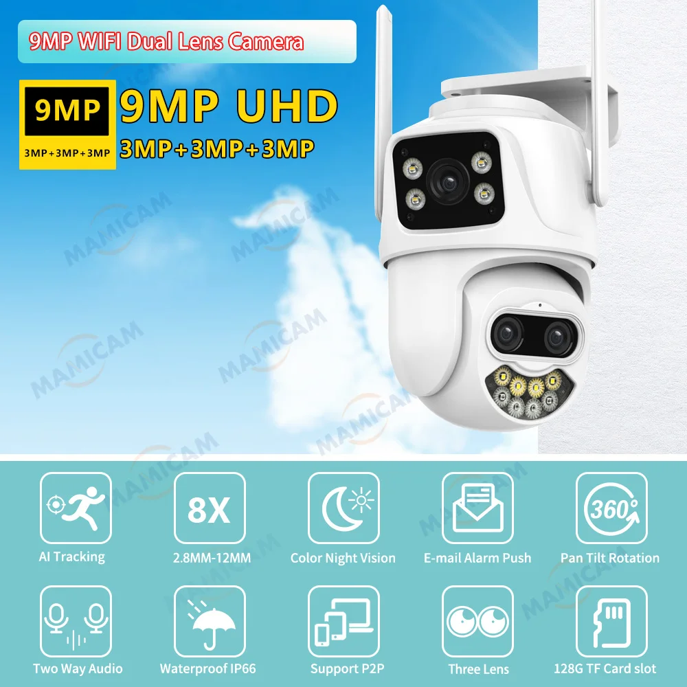 WIFI IP Camera Surveillance Three Lens Dual Screen Protect Security Video Record Outdoor PTZ CCTV Cam AI Human Tracking Color