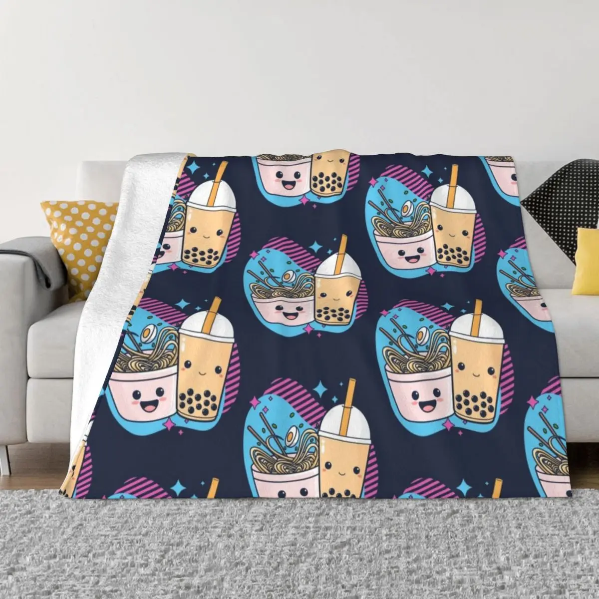 

Kawaii Ramen And Boba Tea Throw Blanket Hairy Blanket Sofa Quilt