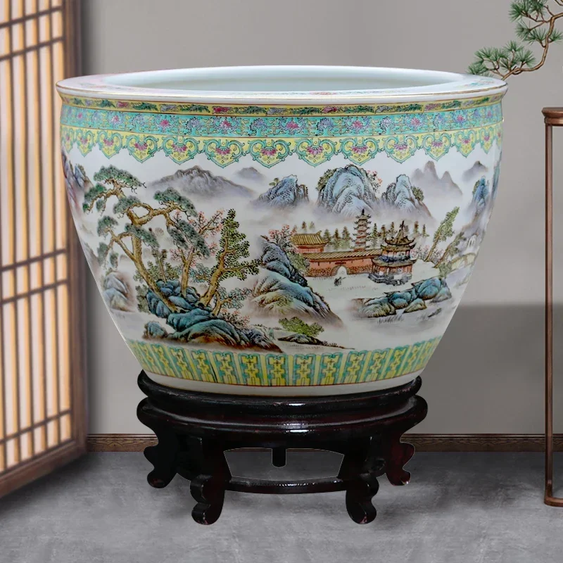 Pastel fish tank, hand-painted landscape painting, ceramic water lily tank, study floor ornaments, large calligraphy