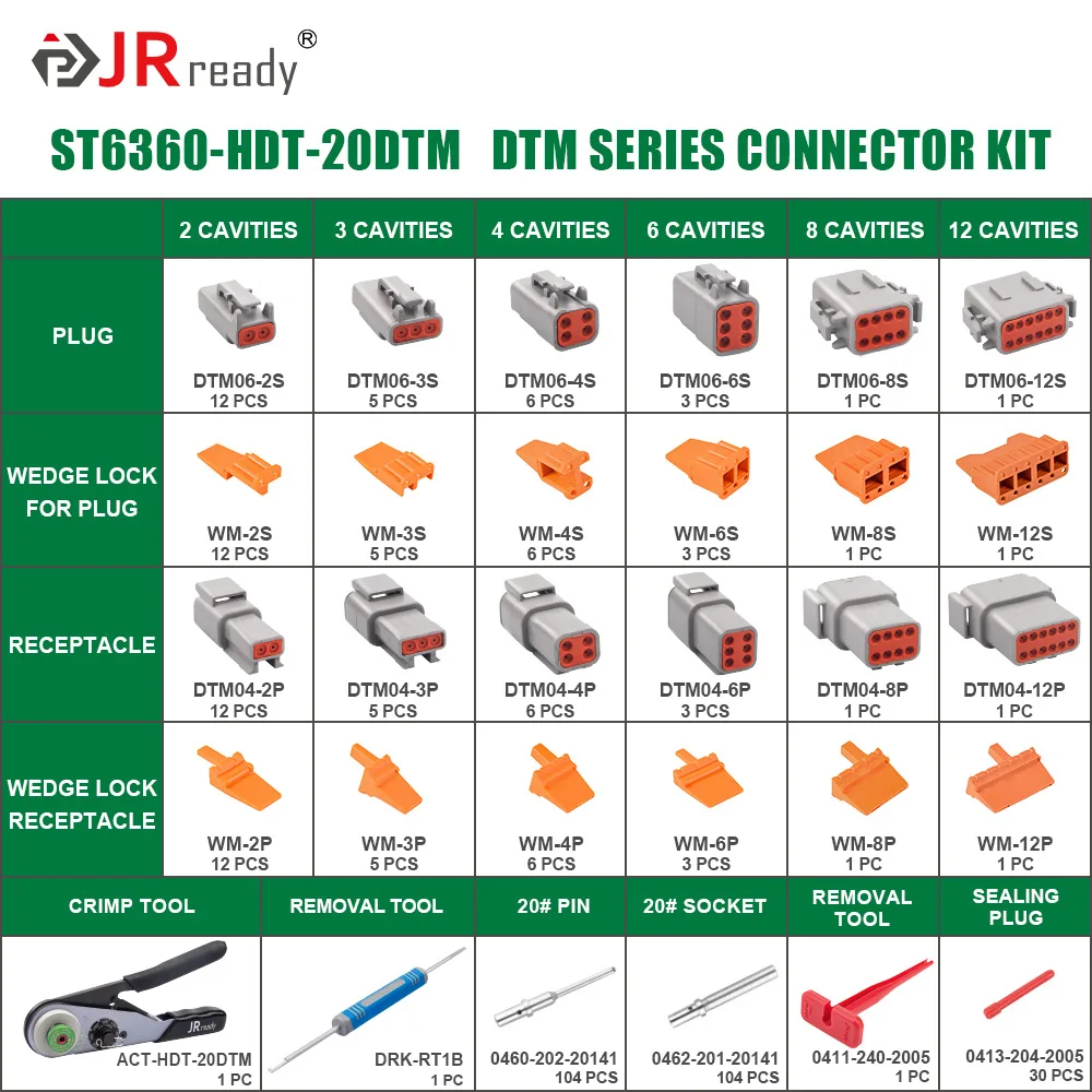 JRready ST6360 Deutsch DTM Connector Crimp Tool Kit,New Deutsch Crimp Tool and 2 3 4 6 8 12 Pin Connectors With Solid Contact