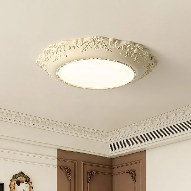 European Cream Rotundity White Relief Resin LED Ceiling Light Art Decoration Living Room Kitchen Bedroom Restaurant Hanging Lamp