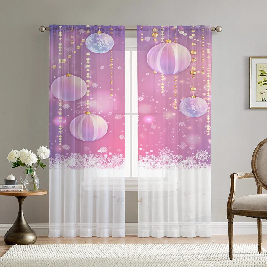 2PCS Christmas Winter Sheer Curtains, Purple Pink Baubles, Digital Print, Bedroom Living Room, Rod Pocket Polyester, Home Decor