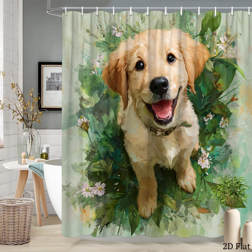 

Waterproof Bathroom Shower Curtain Golden Retriever Dog Floral Watercolor Print Pet Decor Curtain 180x200cm