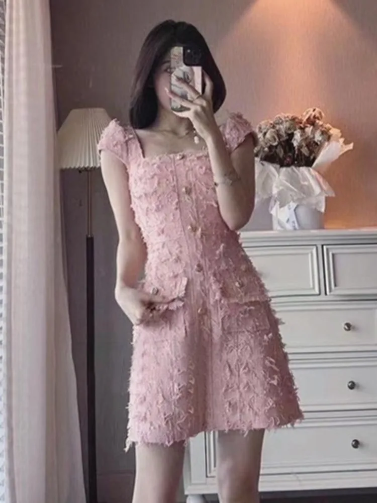 High Quality French Luxury Tassel Small Fragrant Tweed Dresses For Women 2023 Korean Sweet Fashion Summer Dress Party Vestidos