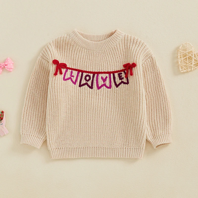 Baby Girl Valentine’s Day Sweaters Long Sleeve Banner Garland Embroidery Knit Pullovers Jumper Tops