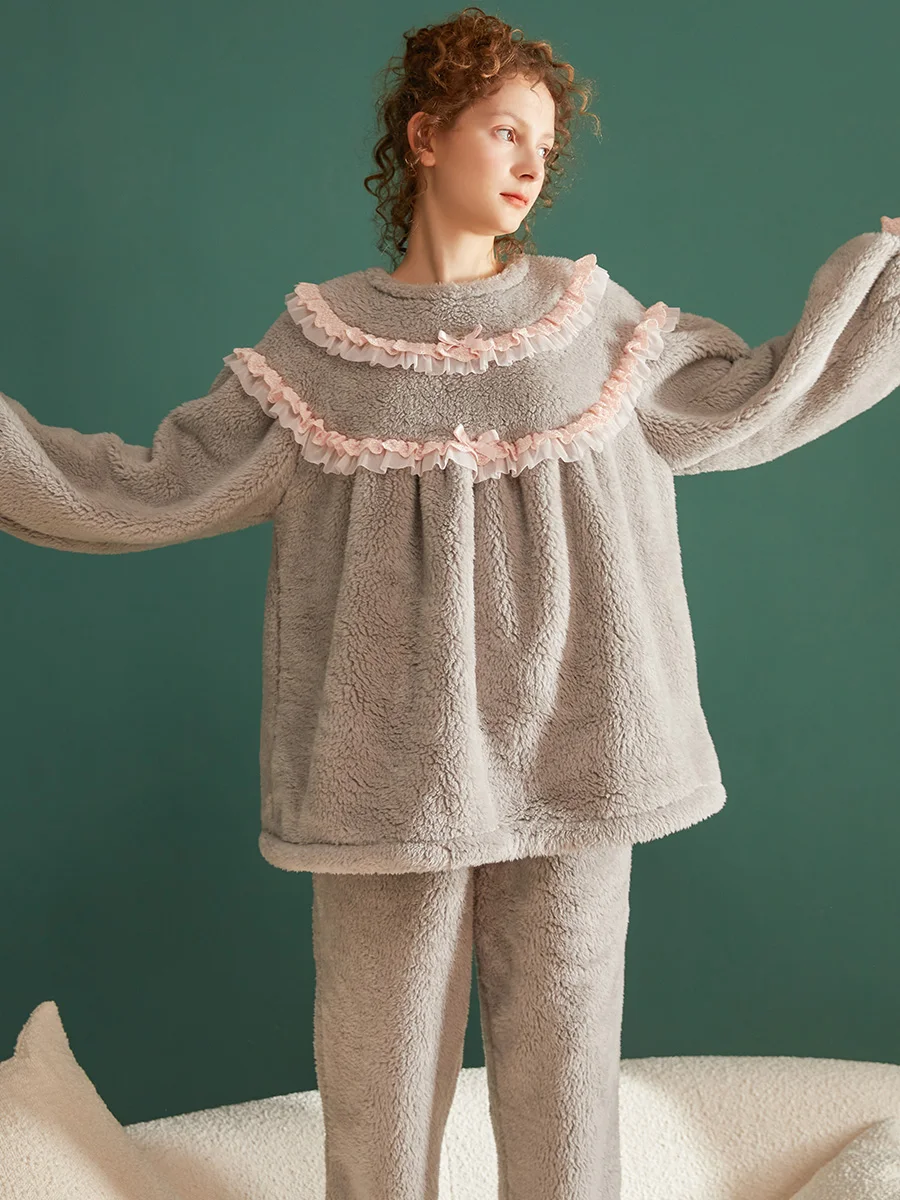 

Thicken Warm Flannel Pajamas Sets For Women Long Sleeve Winter Autumn Sweet Princess Sleepwear Plus Size