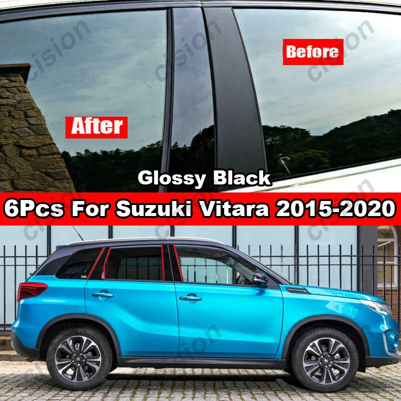 6 sztuk węgielna czerń drzwi samochodu okno BC filar Post pokrywa osłonowa lustrzany efekt materiał PC naklejki dla Suzuki Vitara Escudo 2015-2022