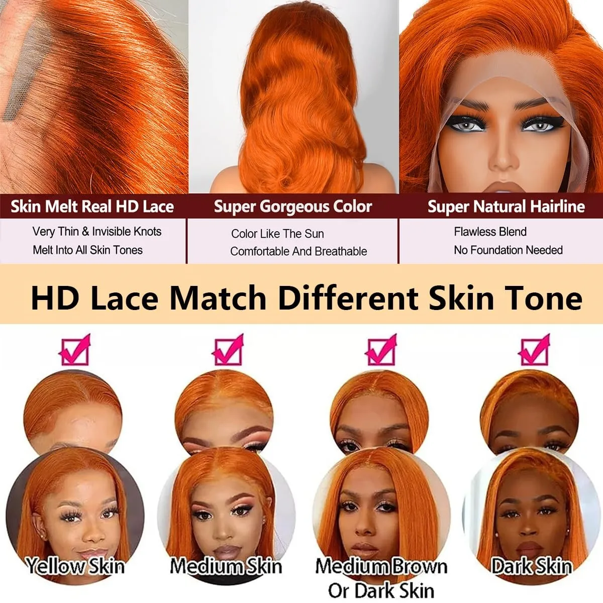 Рыжий Оранжевый 13x6 Парики Фронта Шнурка Человеческие Волосы 250% Плотность Объемная Волна Парик 350 Цветной Парик Человеческих Волос Предварительно Сорванный