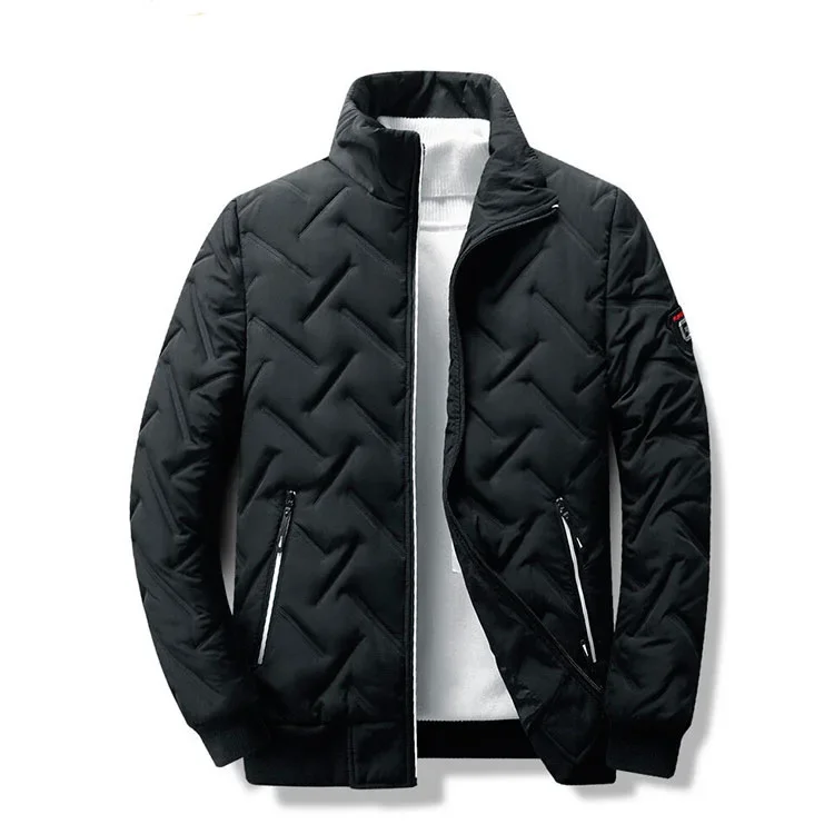 Winter Korean Fashion Stand-up Collar Zipper Cotton-padded Jacket, Men's Casual Warm Solid Color Patchwork Cotton-padded Jacket