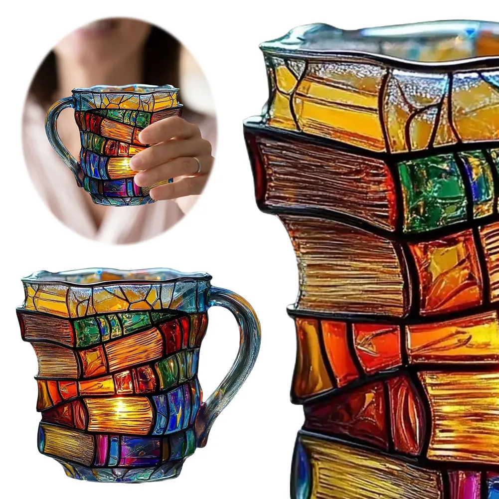 

Painted Book Coffee Mug with Charming Book Motifs Book Shaped Tea Cup Gifts for Home Office Decoration
