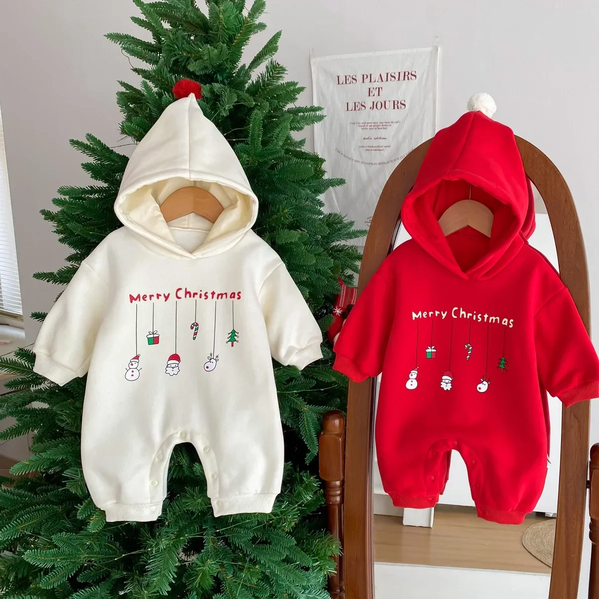 

2023 Winter New in Infant Baby Girls Boys XMAS Cartoon Print Hooded One-piece Kids Newborn Jumpsuits Toddler Romper 0-24M