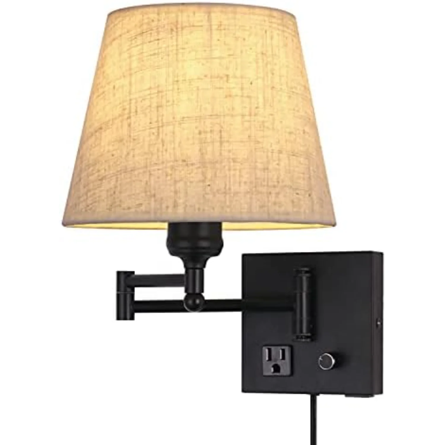 Bedside  Mount Light with Dimmable Switch and Outlet, Swing Arm Metal Shade  Sconce Light with USB Port and Plug in Cord, Black