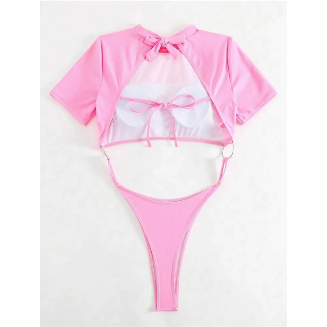 Sexy 9 Farben Mini Micro Thong Cut Damen Badeanzug Einteiliger Badeanzug Kurzarm Badebekleidung Badeanzug V5058 – Detail 16