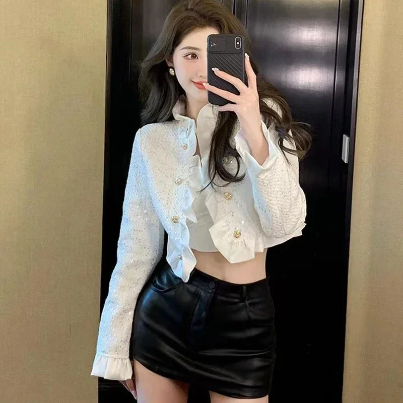 Cropped Jackets for Women Elegant Temperament Ruffles White Cardigan Woman Korean Fashion Long Sleeve Tweed Jacket Lady V827