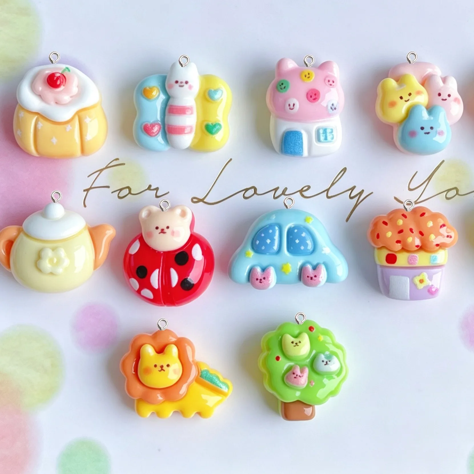 10Pcs Glossy Cartoon Resin Pendants Animal House Car Teapot Charms DIY Handmade Jewelry Keychain Phone Case Cream Glue Decor