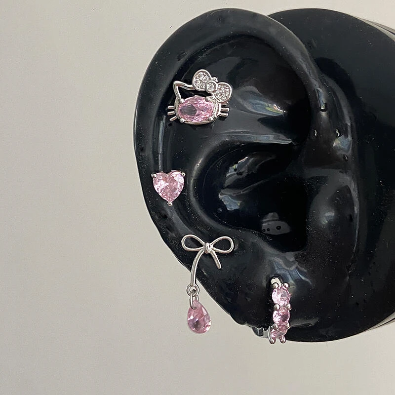 Cute Pink Zircon Cat Stainless Steel Ear Bone Nail Water Droplet Pendant Small Earrings for Women Cochlear Puncture Accessory