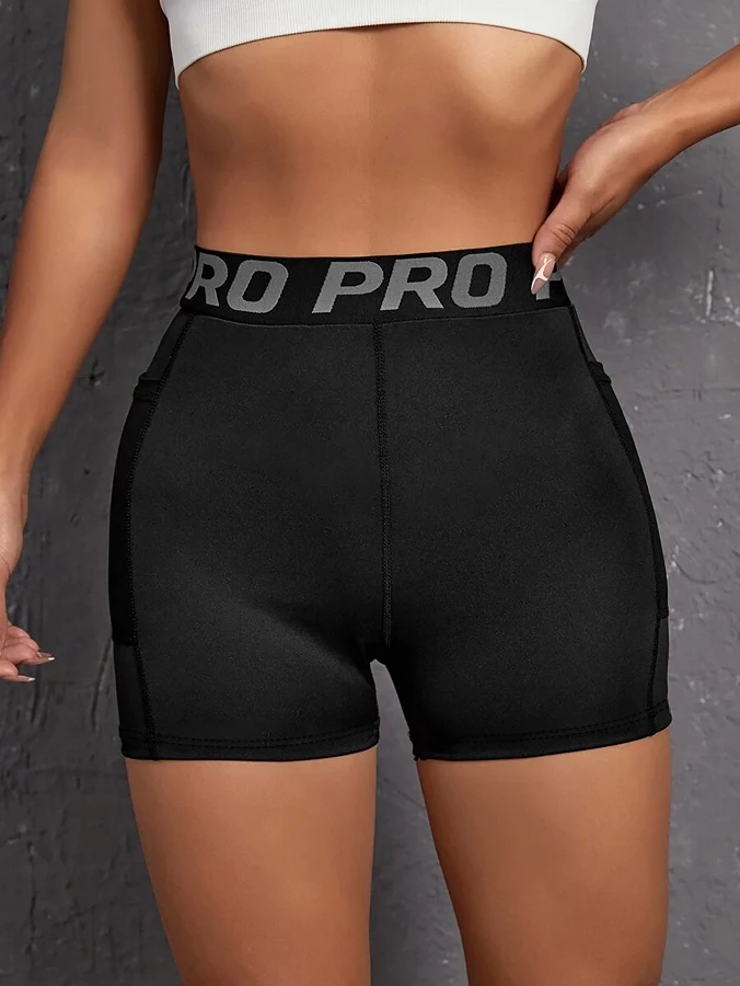 Damen-Leggings mit hoher Taille, Schriftzug am Bund, einfarbige Sportshorts für atmungsaktives, schnell trocknendes Laufen, Fitness, Tennis, Workout-Shorts – Detail 3