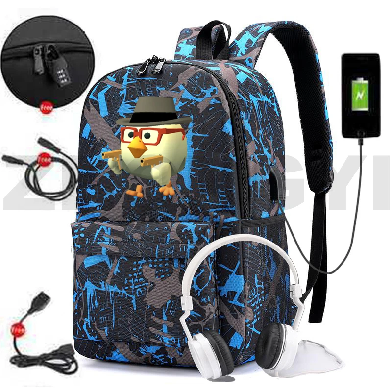 Student Kids Waterproof Chicken Gun Anti Theft Backpacks Anime USB Charging Laptop Mens Bookbag Fashion Travel Bag Women Handbag