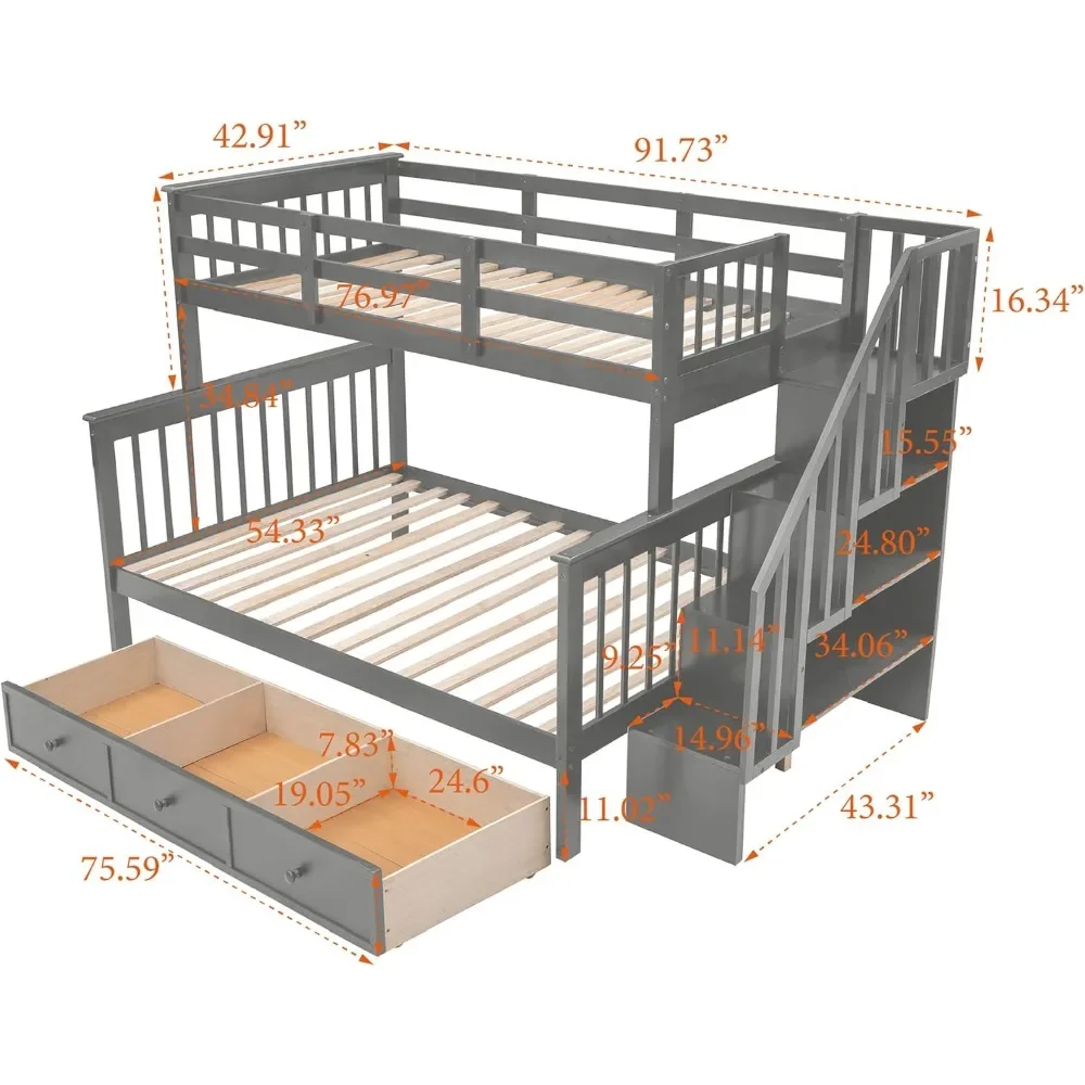 Twin Over Full Bunk Bed with Stairs and Storage Drawers, Hardwood Stairway Bunk Bed Frame for Kids Teens Adults, Bedroom