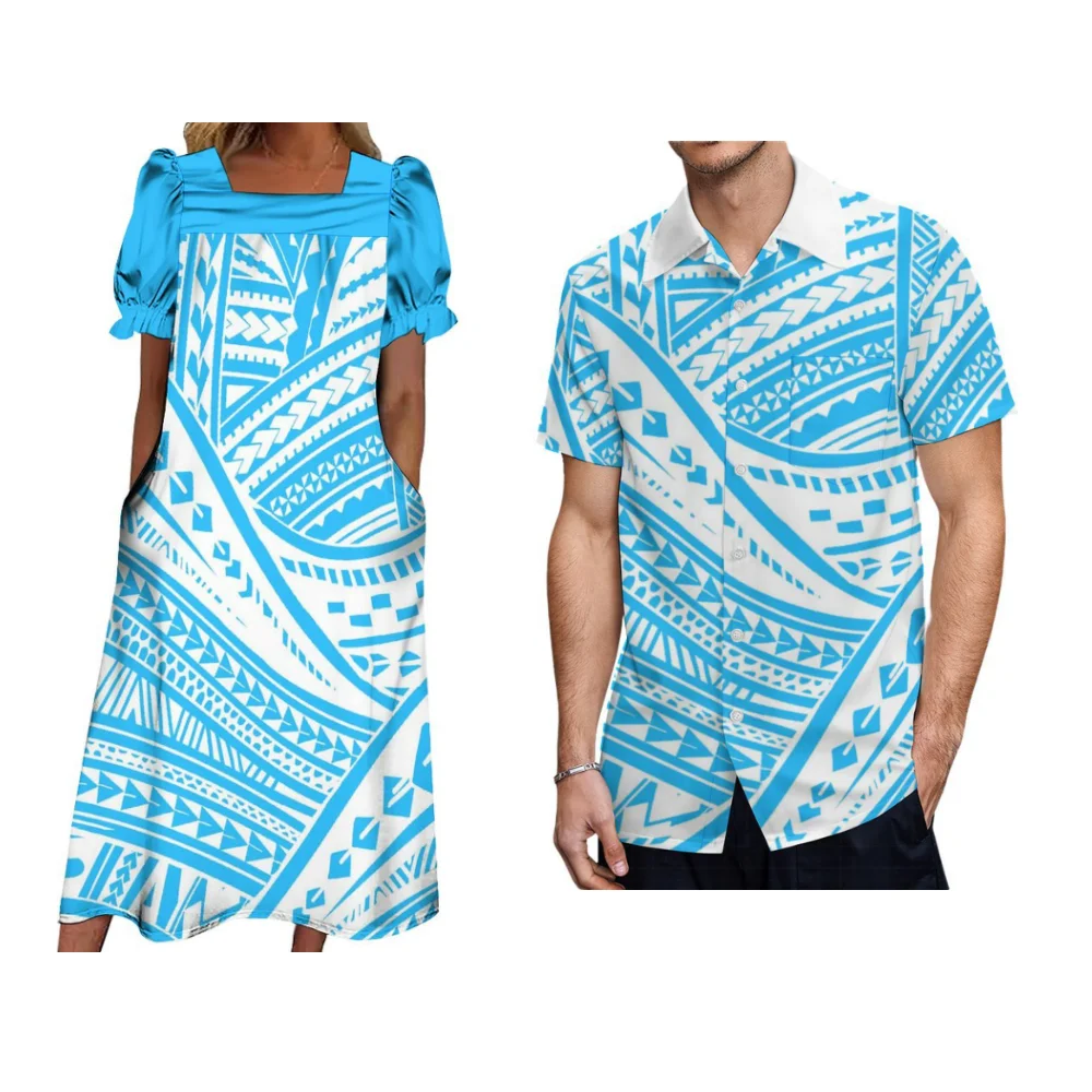 Polynesian Couple Set Set Women Mumu Dress Men'S Shirt Casual Set Puffed Sleeve Design Pocket Skirt Hawaiian Casual Pocket Shirt