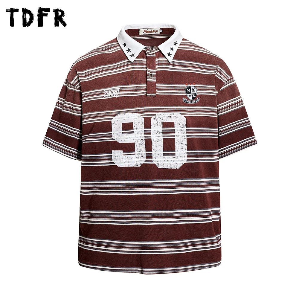 

Letter Print Striped Short Sleeve Polo Shirts Mens Embroidery Summer Casual Retro Loose Half-Sleeve Cotton Tee Man Tops