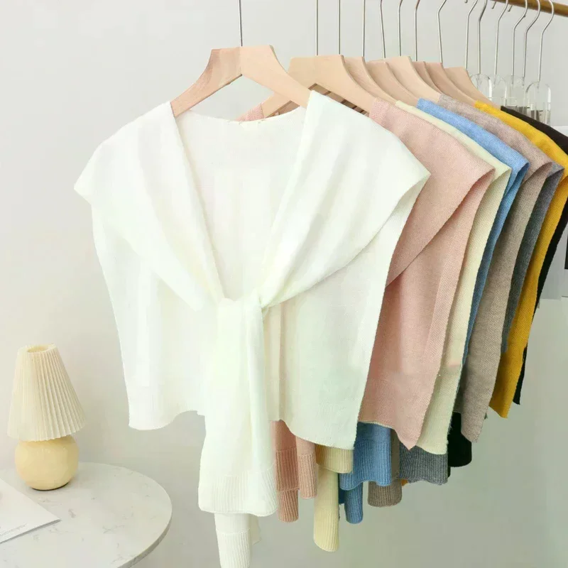 

Корейская вязаная шаль, летняя кондиционер, искусственный воротник, защита шеи, вязаная тонкая завязанная накидка, шарф на плечо для женщин