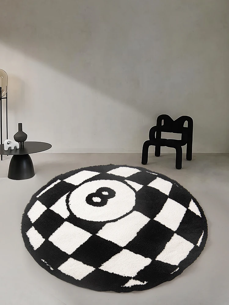 Round Billiards Black 8 Ball Rug Area Rug Funky Red Grid Circle 8 Ball Rug for Living Room Bedroom Fluffy Bathroom Carpet