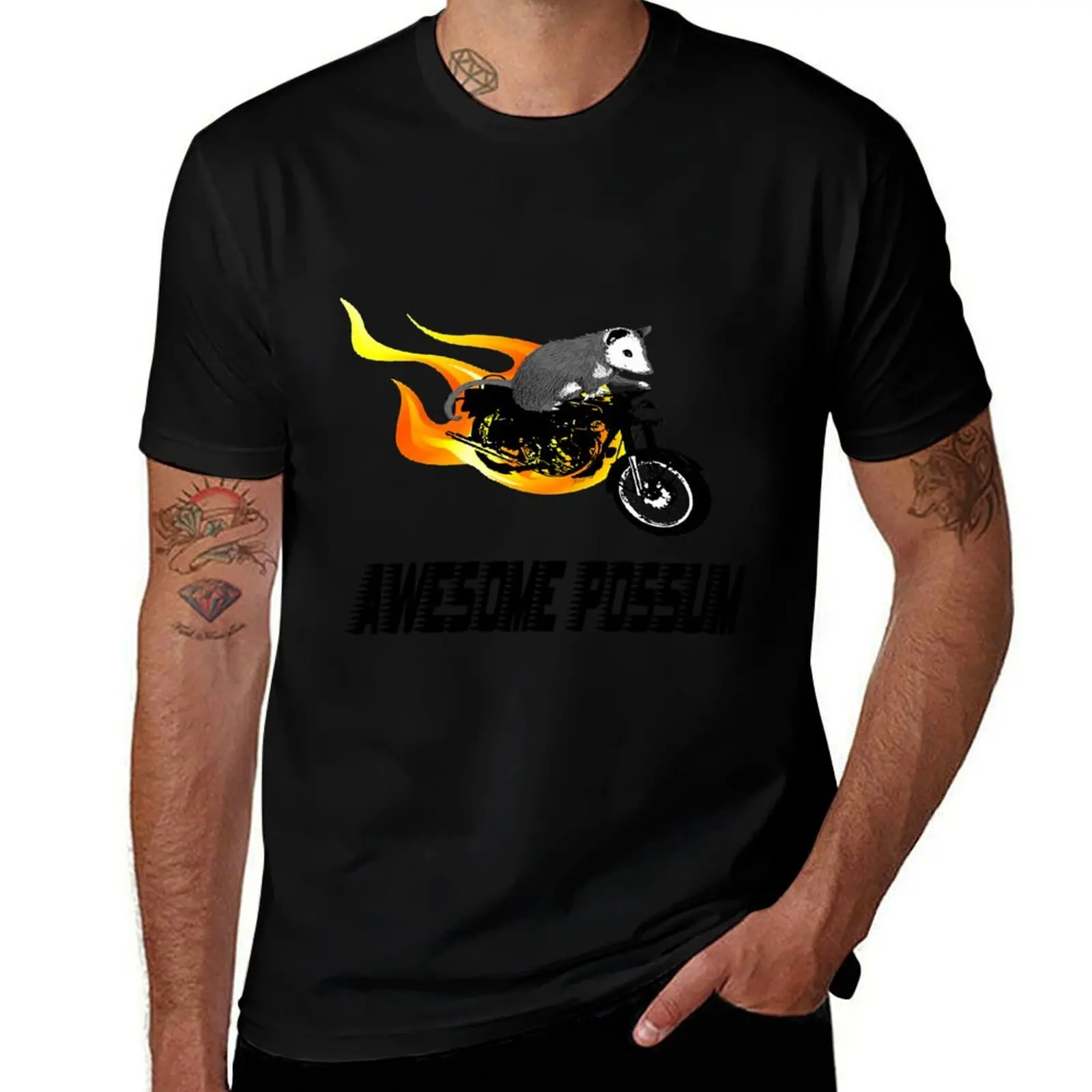 Possum Opossum riding Flaming Motorcycle T-Shirt Active Sports Short Sleeve Cotton Shirt T-Shirt