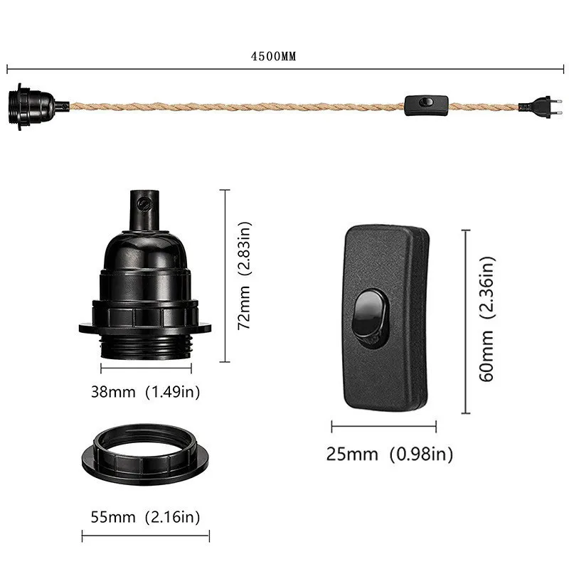 Plugue industrial retro na luz do pendente com interruptor Lâmpadas de suspensão da ilha da cozinha Luminária interior do teto Corda de cânhamo móvel