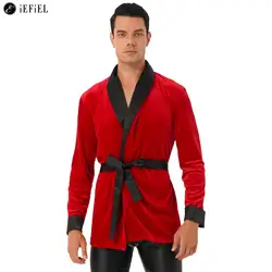 Men's Velvet Kimono Bathrobes Long Sleeve House Robe with Belt Bachelor Smoking Jacket Sleepwear Loungewear Christmas Costume