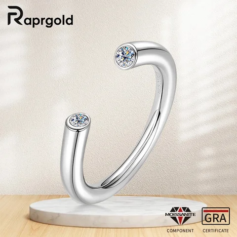 RAPRGOLD GRA Certified 2.5mm Round Cut Moissanite Open Ring for Women Fine Jewelry S925 Sterling Silver Engagement Rings Gifts