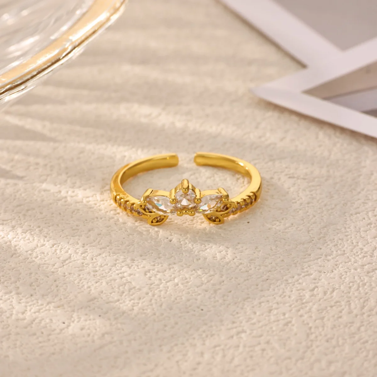 Luxury Sparkling Stainless Steel Multi Zircon Cluster Open Ring For Women Gold Color Adjustable Wedding Party Jewelry