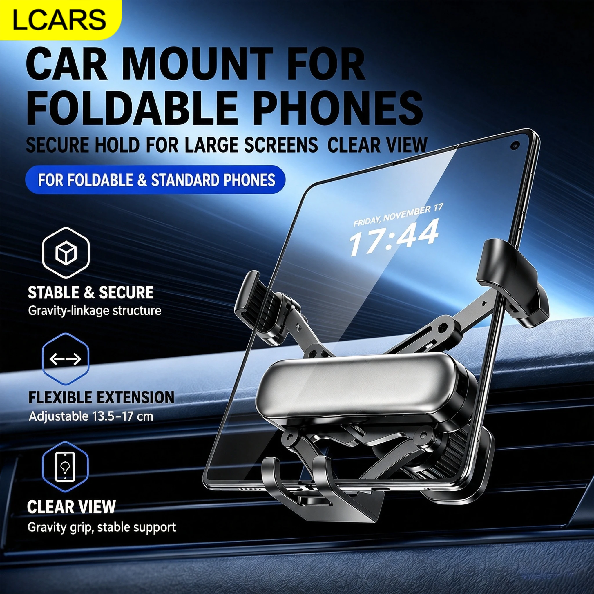 Lcars Car Air Vent Folding Screen Phone Holder Gravity-Linked Six-Point Clamping Alloy Car Large Screen Phone Navigation Holder