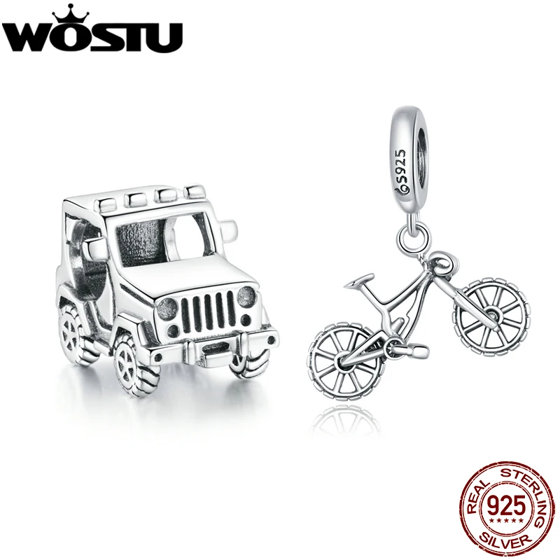 WOSTU 925 Sterling Silver Heart Bead Bicycle Charm Fit Original Bracelet DIY Necklace Pendant Cool Style Jewelry CTC384