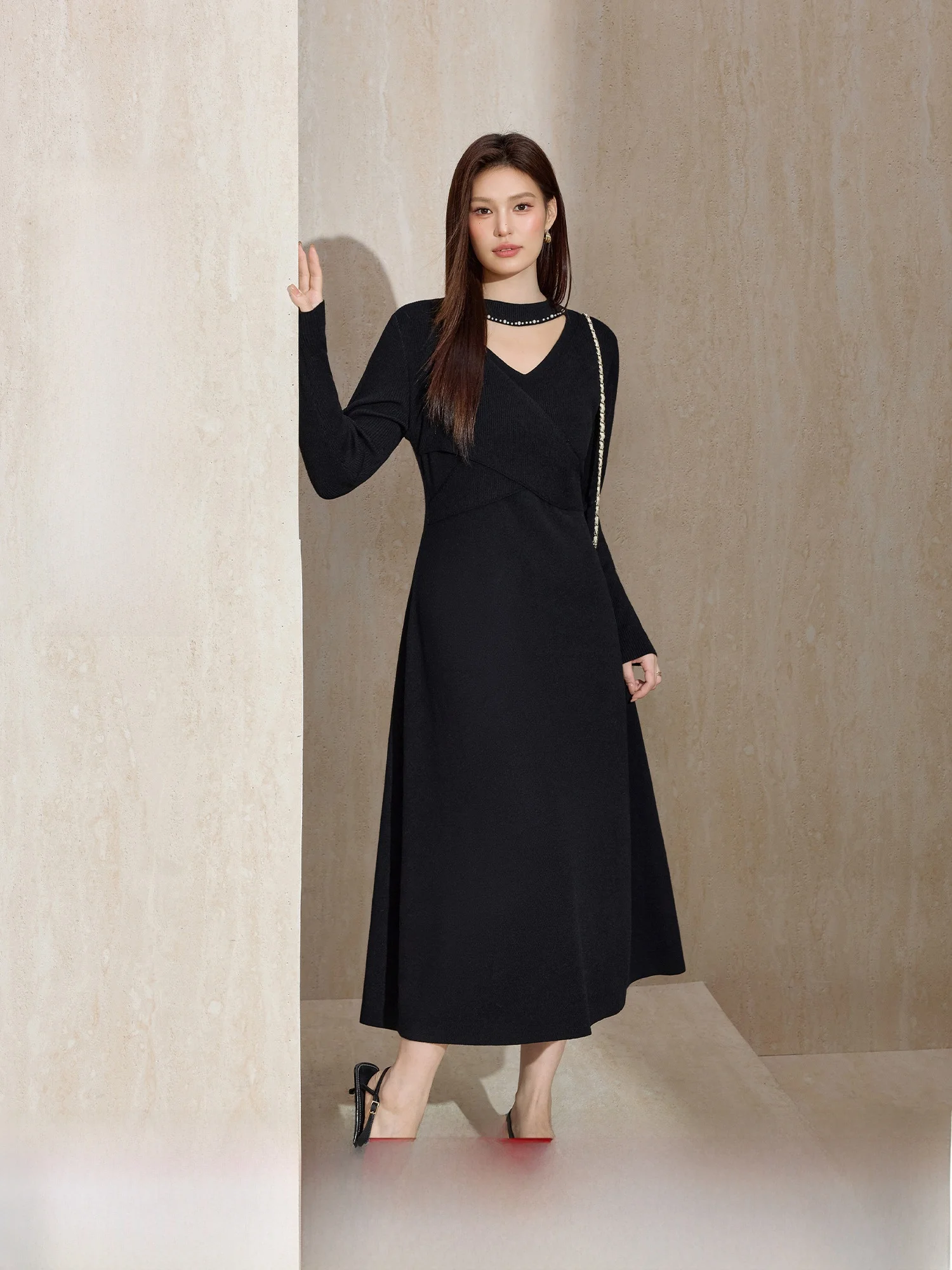 

Вязаное платье больших размеров Ele V-Ne, облегающий длинный свитер из смеси шерсти Dr для женщин, высококачественный подвесной дизайн