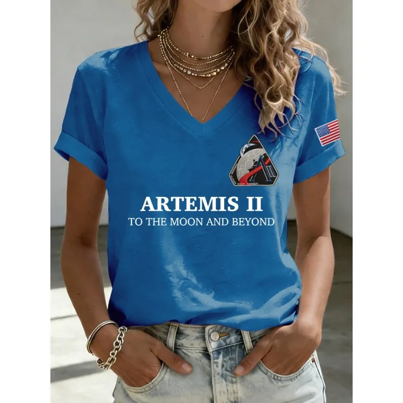 Women's Artemis II To The Moon And Beyond Print T-Shirts Summer Short Sleeve Casual V Neck Tops Tees