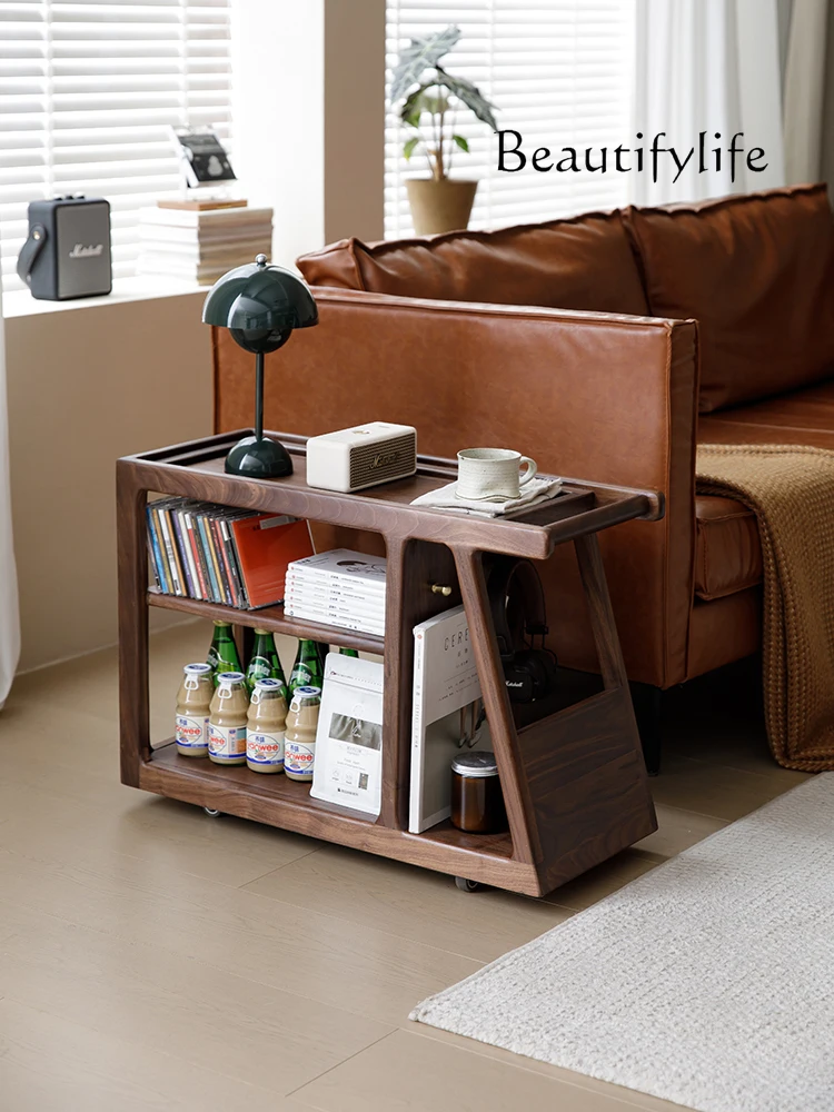 North American Black Walnut Wooden Sofa Side Table Stroller Sofa Side Cabinet Living Room Movable Coffee Table