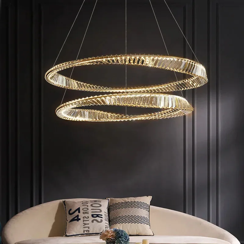 Modern Luxury Living Room Led Dimmable Chandelier Plated Steel Gold Irregular Ring Pendant Lights K9 Crystals Led Hanging Lamp