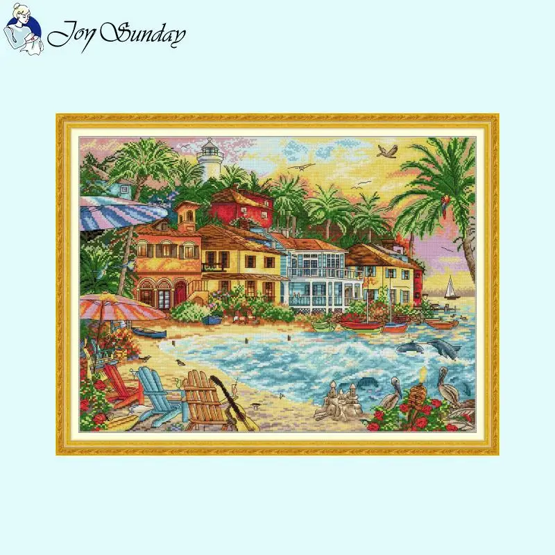 Beautiful Cottage Series Stamping Cross Stitch Kit 14CT White 16CT 11CT Canvas Fabric DMC Thread DIY Embroidery Home Decor Gifts